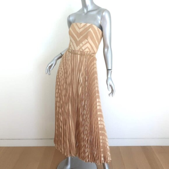 Zimmerman Burnout Strapless Pleated Midi Dress Gold Twill Size 2 - Picture 3 of 7